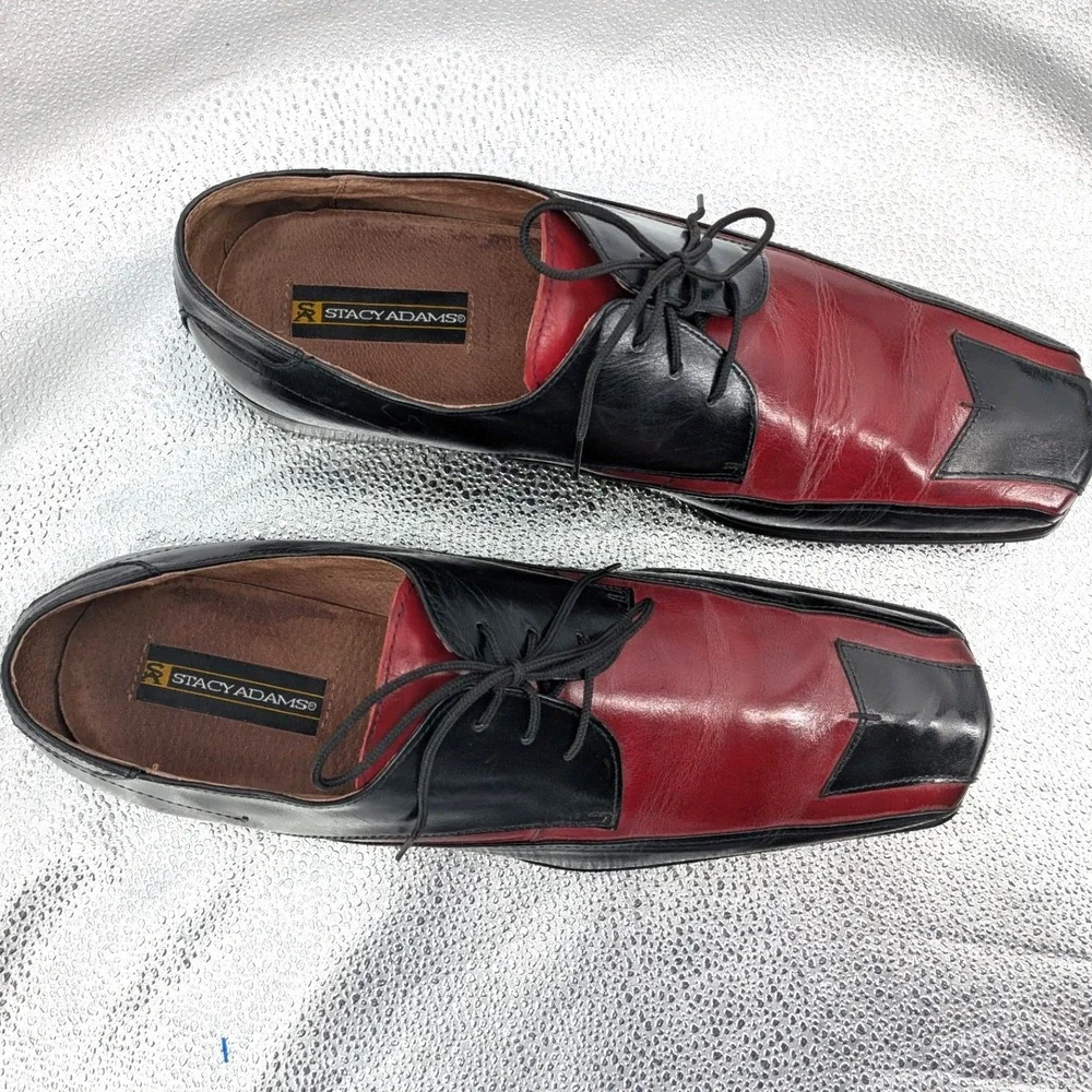 Stacy Adams Mens 13M Leather Oxford Shoes Black Burgundy Square Toe Two Tone